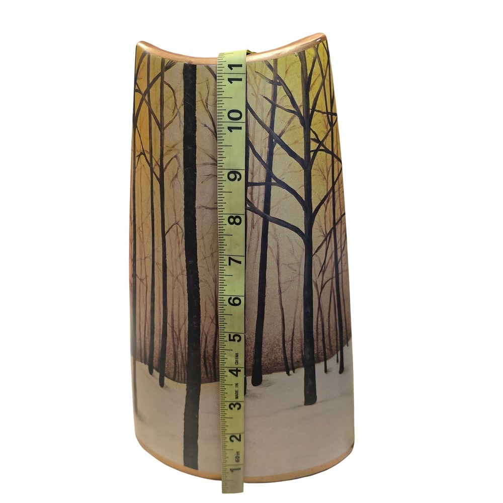 Modern Ceramic Winter Forest Tree Scene Boat Shaped Vase Gold Rim 11 Inch - Picture 8 of 9